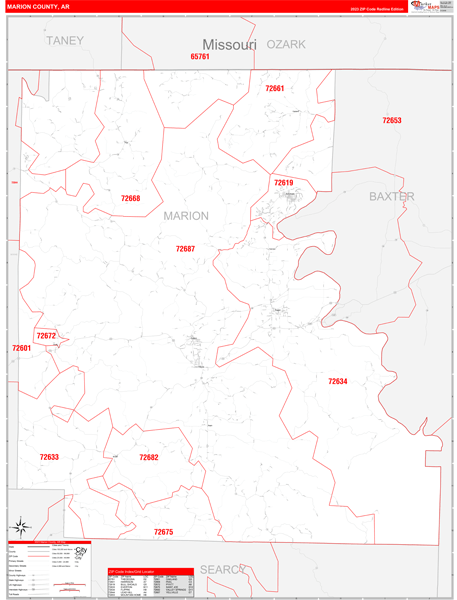 Marion County, AR Wall Map Red Line Style
