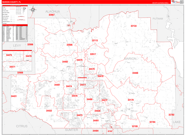 Marion County Fl Zip Code Map Marion County, FL Zip Code Wall Map Red Line Style by MarketMAPS