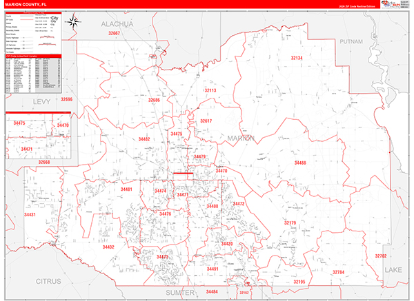 Marion County, FL Zip Code Wall Map