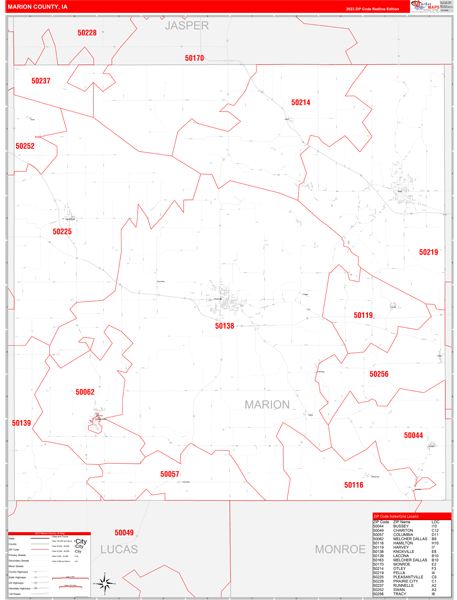 Marion County Wall Map Red Line Style