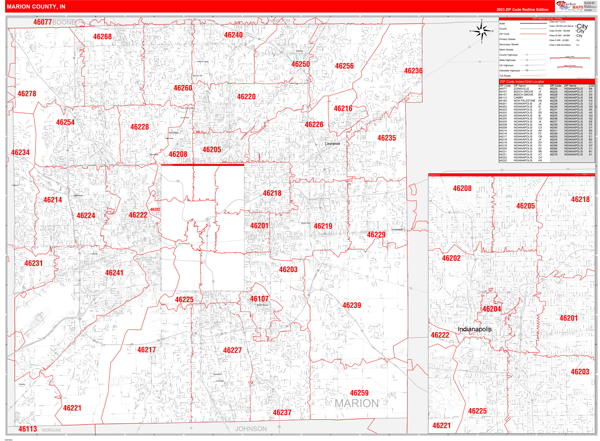 Marion County, IN Zip Code Wall Map Red Line Style by MarketMAPS
