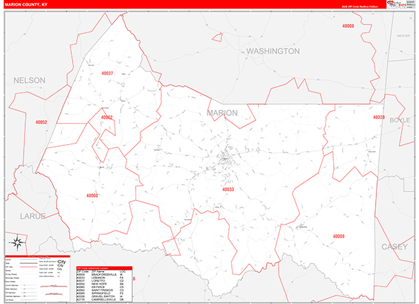 Marion County, KY Zip Code Wall Map