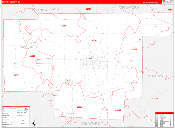 Marion County, OH Wall Map Red Line Style