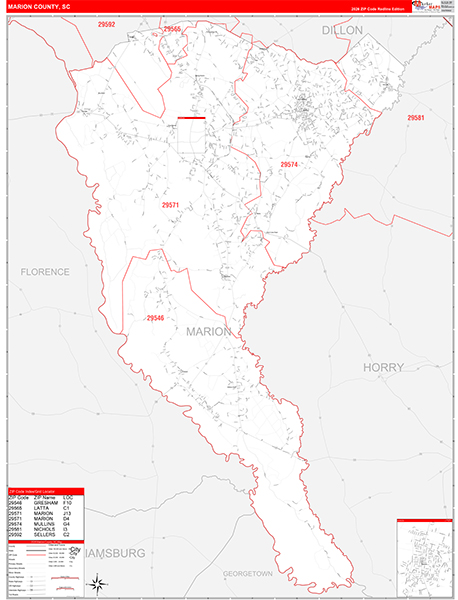 Marion County, SC Zip Code Wall Map