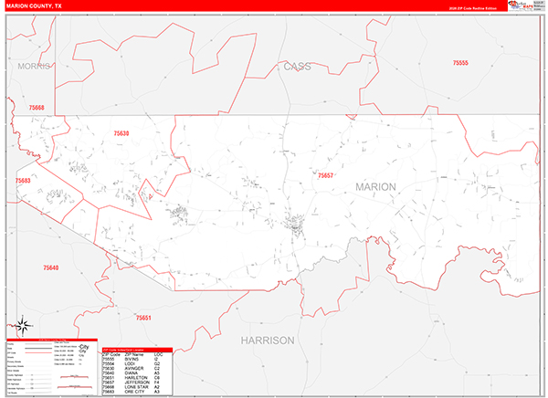 Marion County, TX Zip Code Wall Map