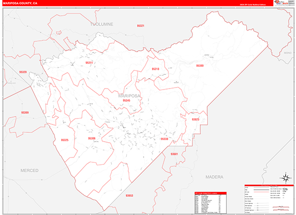 Mariposa County, CA Map Red Line Style