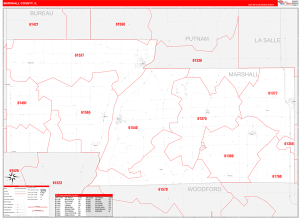 Marshall County, IL Zip Code Wall Map Red Line Style by MarketMAPS ...
