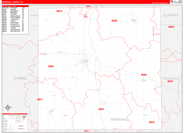 Marshall County, IN Map Red Line Style