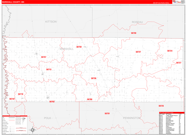 Marshall County, MN Wall Map Red Line Style