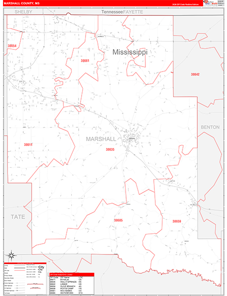 Marshall County, MS Zip Code Map