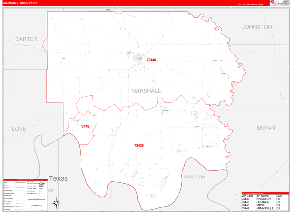 Marshall County, OK Wall Map Red Line Style
