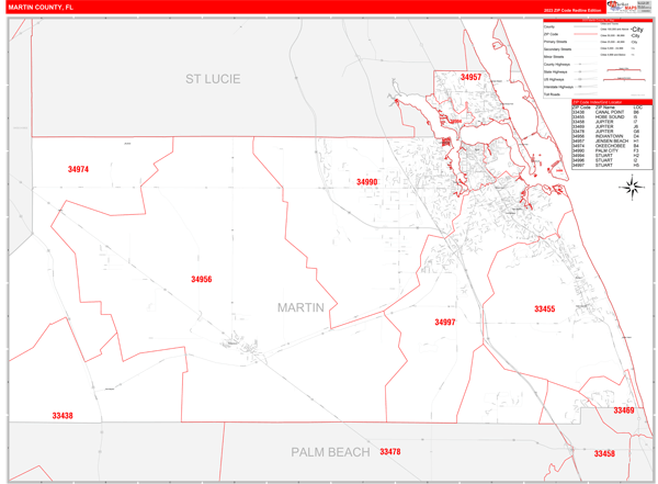 Martin County, FL Wall Map Red Line Style