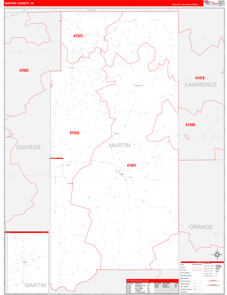 Martin County, IN Wall Map Red Line Style