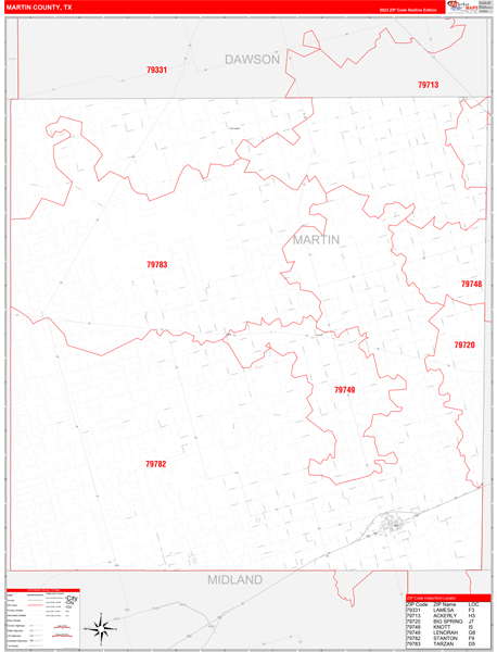 Martin County, TX Wall Map Red Line Style