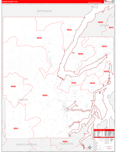 Mason County, WA Wall Map Red Line Style