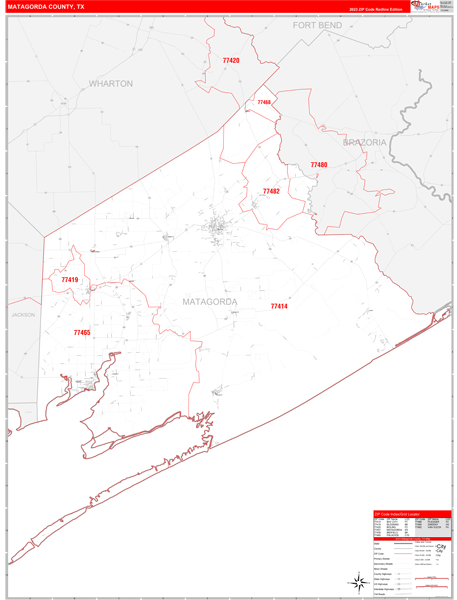 Matagorda County, TX Wall Map Red Line Style