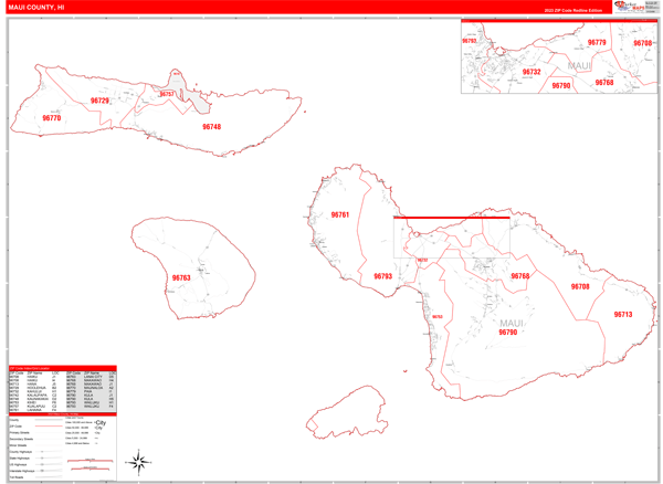 Maui County, HI Zip Code Wall Map Red Line Style by MarketMAPS - MapSales