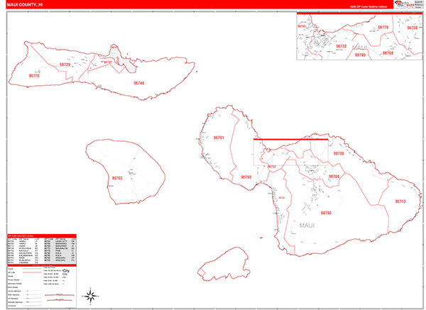 Maui County, HI Zip Code Wall Map
