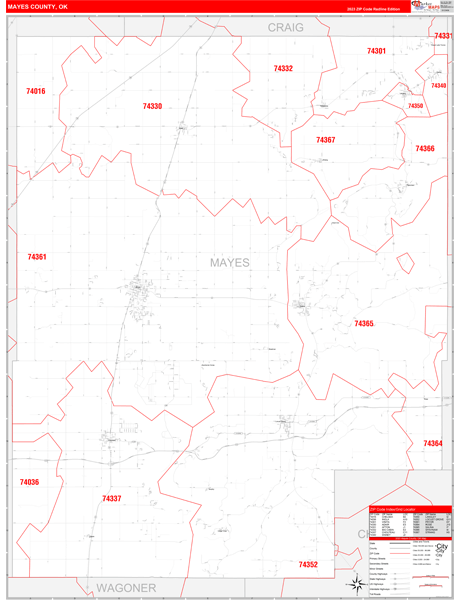Mayes County, OK Wall Map Red Line Style