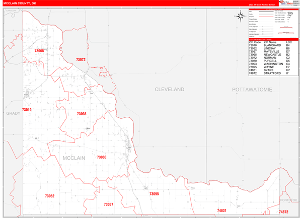 McClain County Wall Map Red Line Style