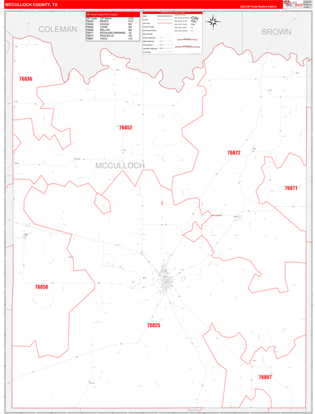 McCulloch County Wall Map Red Line Style