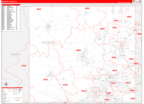 McHenry County, IL Wall Map Red Line Style