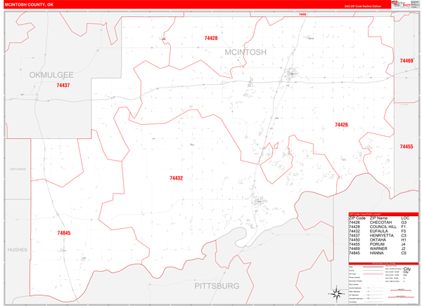 McIntosh County, OK Wall Map Red Line Style