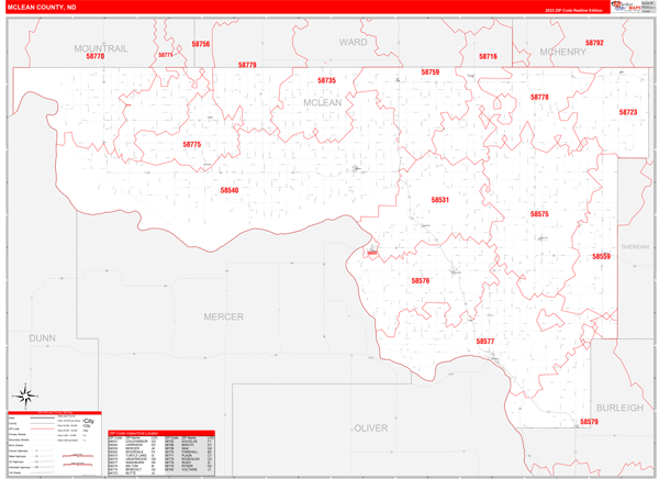 McLean County, ND Wall Map Red Line Style