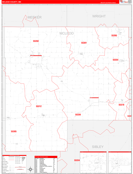 McLeod County, MN Wall Map Red Line Style