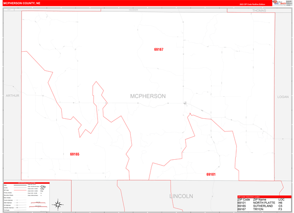 McPherson County, NE Wall Map Red Line Style