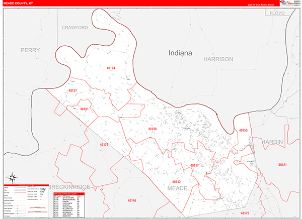 Meade County, KY Wall Map Red Line Style