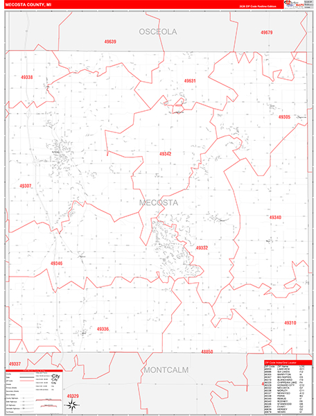 Mecosta County, MI Wall Map Red Line Style
