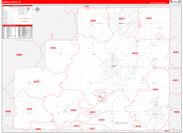 Medina County, OH Wall Map Red Line Style