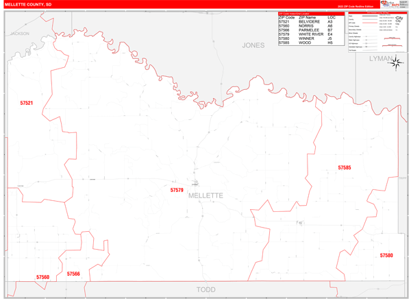 Mellette County, SD Wall Map Red Line Style