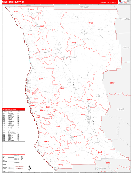 Mendocino County, CA Zip Code Wall Map