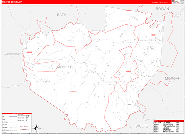 Menifee County, KY Wall Map Red Line Style