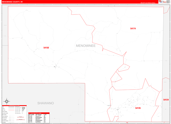 Menominee County, WI Wall Map Red Line Style