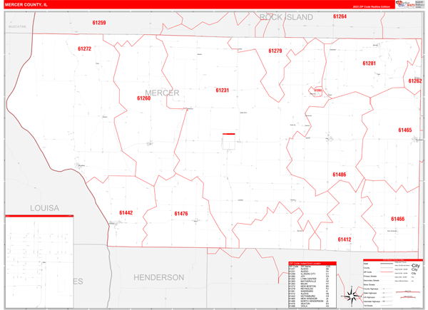 Mercer County, IL Wall Map Red Line Style