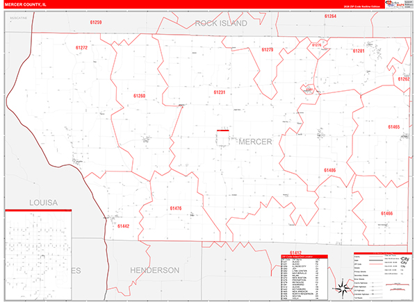 Mercer County, IL Wall Map Red Line Style