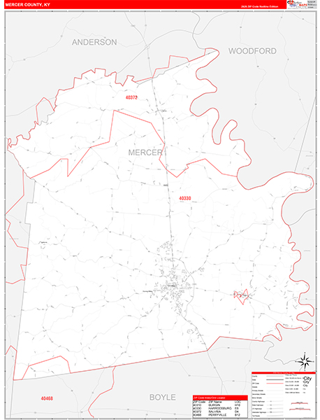 Mercer County, KY Zip Code Wall Map