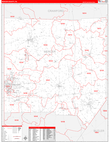 Mercer County, PA Wall Map Red Line Style
