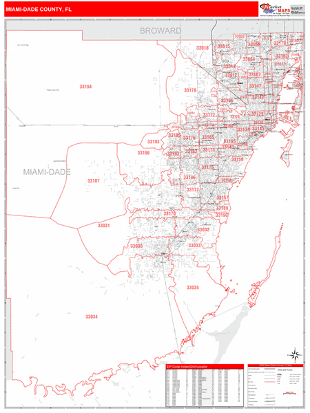 Miami-Dade County, FL Wall Map Red Line Style