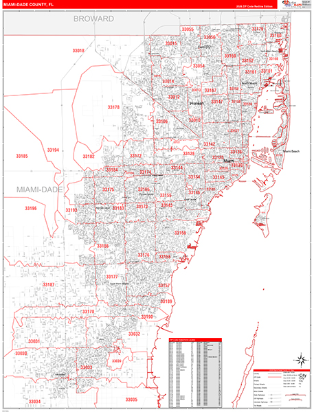 Miami-Dade County, FL Wall Map Red Line Style