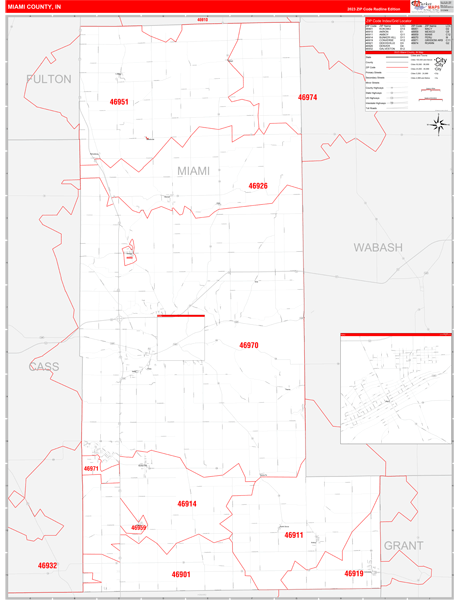 Miami County, IN Wall Map Red Line Style