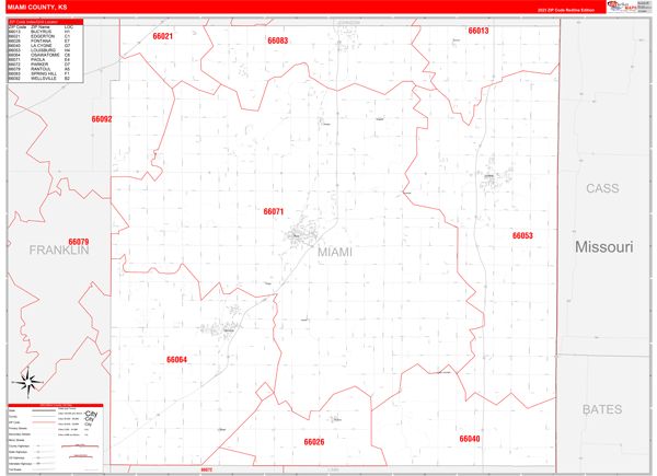 Miami County, KS Wall Map Red Line Style