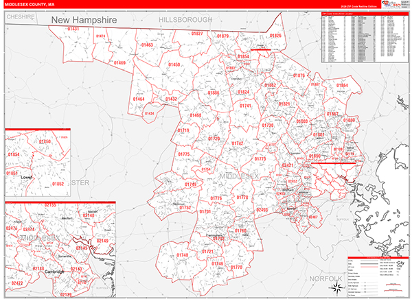 Middlesex County, MA Wall Map Red Line Style