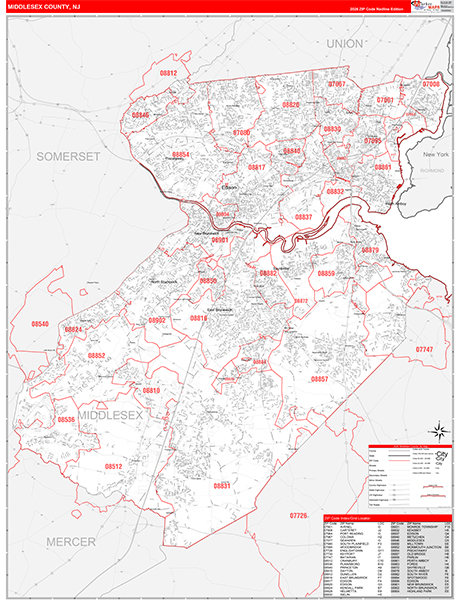 Middlesex County, NJ Wall Map Red Line Style