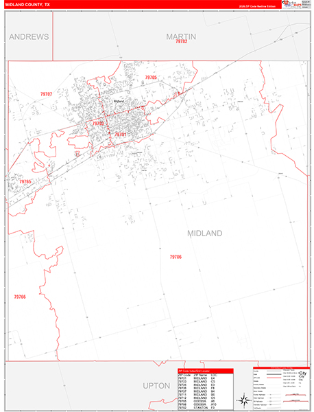 Midland County, TX Wall Map Red Line Style