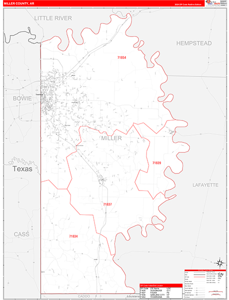 Miller County, AR Wall Map Red Line Style