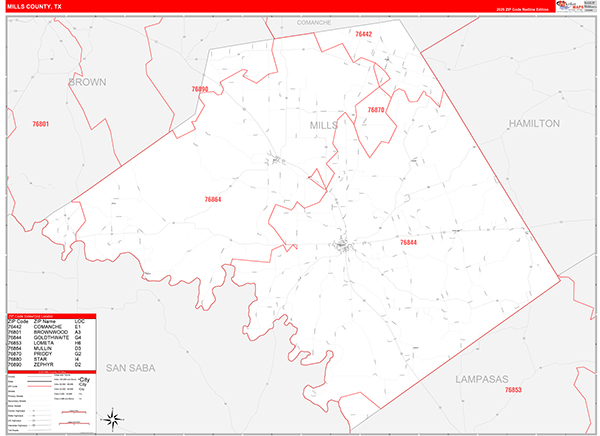 Mills County, TX Zip Code Wall Map
